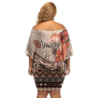 Vintage Bula Fiji Personalised Family Matching Off Shoulder Short Dress and Hawaiian Shirt Beige Hibiscus Tapa Pattern LT9 - Polynesian Pride