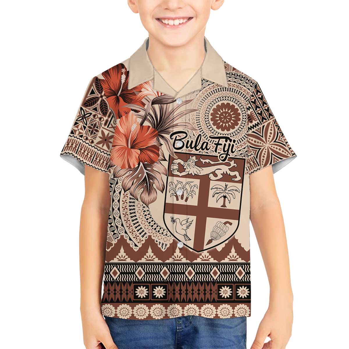 Vintage Bula Fiji Personalised Family Matching Off Shoulder Short Dress and Hawaiian Shirt Beige Hibiscus Tapa Pattern LT9 Son's Shirt Beige - Polynesian Pride