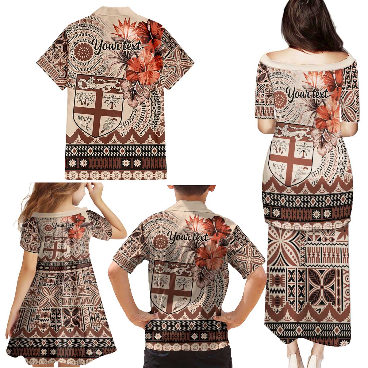 Vintage Bula Fiji Personalised Family Matching Puletasi and Hawaiian Shirt Beige Hibiscus Tapa Pattern