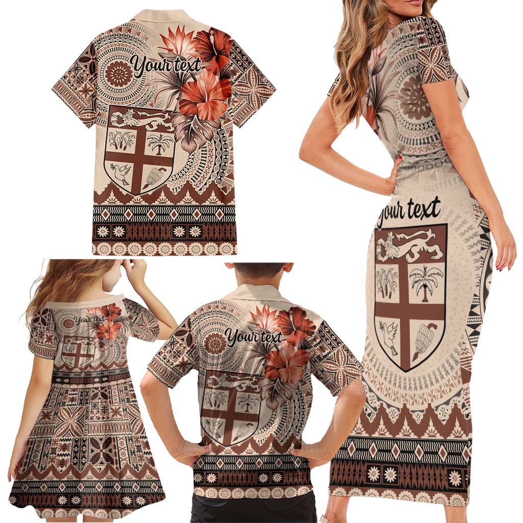 Vintage Bula Fiji Personalised Family Matching Short Sleeve Bodycon Dress and Hawaiian Shirt Beige Hibiscus Tapa Pattern LT9 - Polynesian Pride