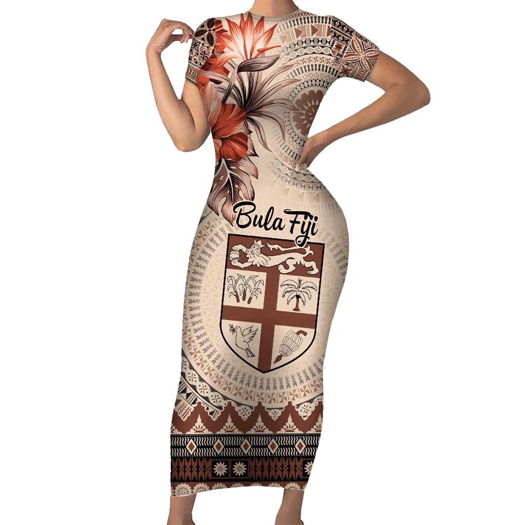 Vintage Bula Fiji Personalised Family Matching Short Sleeve Bodycon Dress and Hawaiian Shirt Beige Hibiscus Tapa Pattern LT9 Mom's Dress Beige - Polynesian Pride