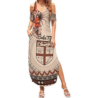 Vintage Bula Fiji Personalised Family Matching Summer Maxi Dress and Hawaiian Shirt Beige Hibiscus Tapa Pattern LT9 Mom's Dress Beige - Polynesian Pride