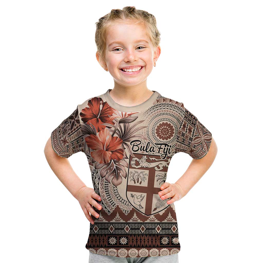 Vintage Bula Fiji Personalised Kid T Shirt Beige Hibiscus Tapa Pattern