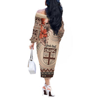 Vintage Bula Fiji Personalised Off The Shoulder Long Sleeve Dress Beige Hibiscus Tapa Pattern