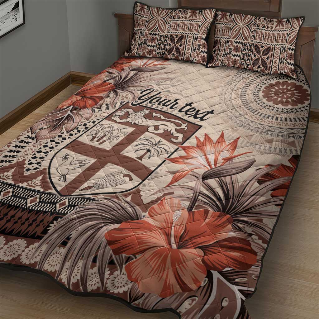 Vintage Bula Fiji Personalised Quilt Bed Set Beige Hibiscus Tapa Pattern
