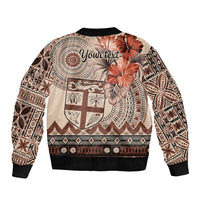 Vintage Bula Fiji Personalised Sleeve Zip Bomber Jacket Beige Hibiscus Tapa Pattern
