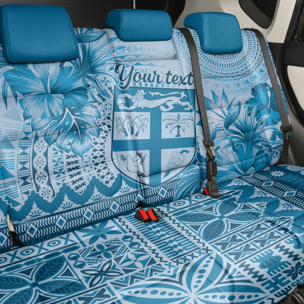Vintage Bula Fiji Personalised Back Car Seat Cover Blue Hibiscus Tapa Pattern LT9