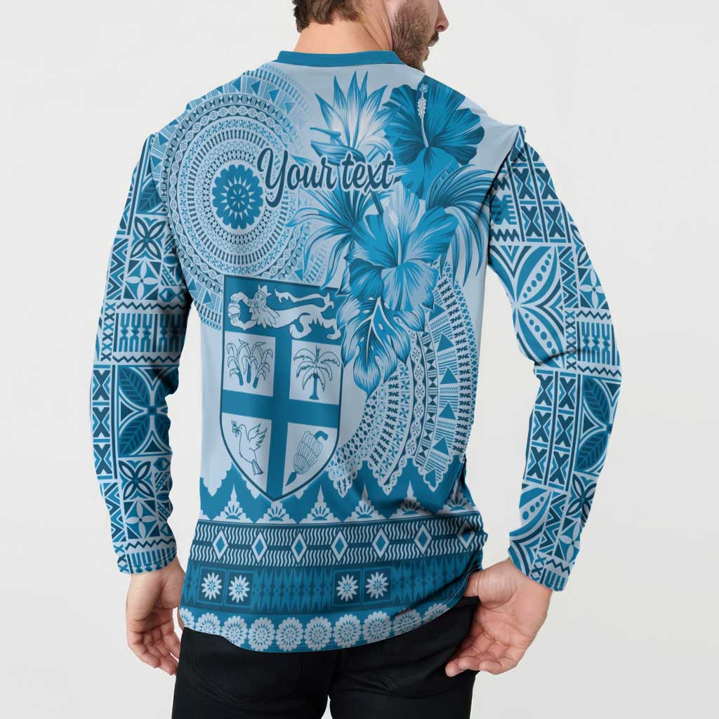 Vintage Bula Fiji Personalised Button Sweatshirt Blue Hibiscus Tapa Pattern