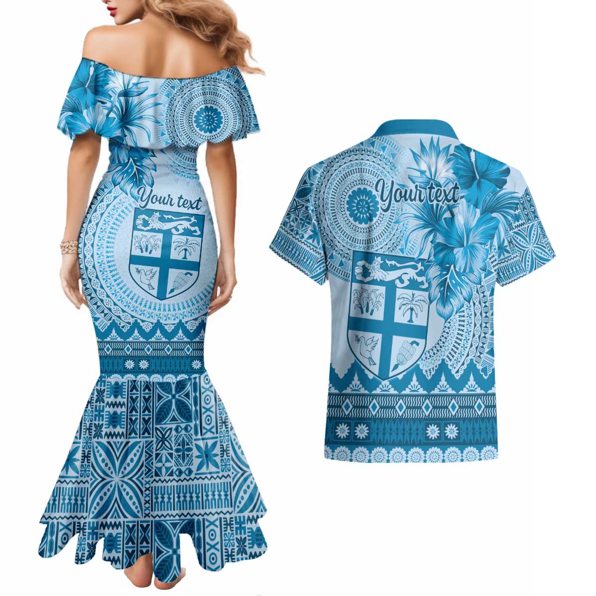 Vintage Bula Fiji Personalised Couples Matching Mermaid Dress and Hawaiian Shirt Blue Hibiscus Tapa Pattern