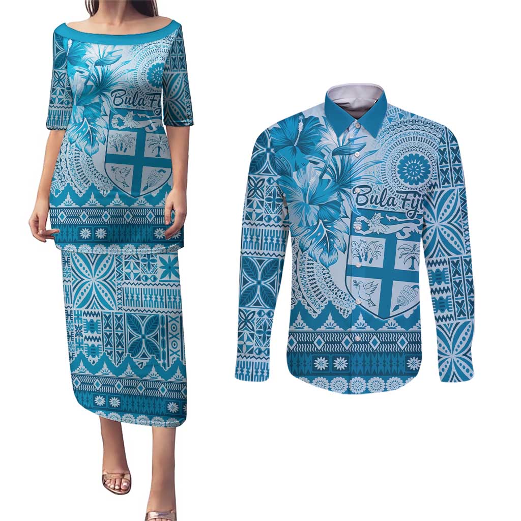 Vintage Bula Fiji Personalised Couples Matching Puletasi and Long Sleeve Button Shirt Blue Hibiscus Tapa Pattern