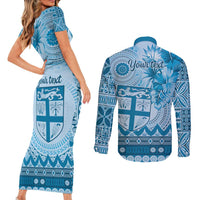 Vintage Bula Fiji Personalised Couples Matching Short Sleeve Bodycon Dress and Long Sleeve Button Shirt Blue Hibiscus Tapa Pattern