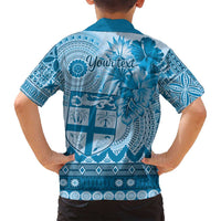 Vintage Bula Fiji Personalised Family Matching Long Sleeve Bodycon Dress and Hawaiian Shirt Blue Hibiscus Tapa Pattern LT9 - Polynesian Pride