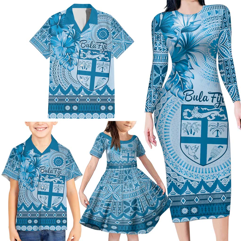 Vintage Bula Fiji Personalised Family Matching Long Sleeve Bodycon Dress and Hawaiian Shirt Blue Hibiscus Tapa Pattern LT9 - Polynesian Pride