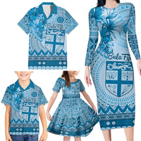 Vintage Bula Fiji Personalised Family Matching Long Sleeve Bodycon Dress and Hawaiian Shirt Blue Hibiscus Tapa Pattern LT9 - Polynesian Pride
