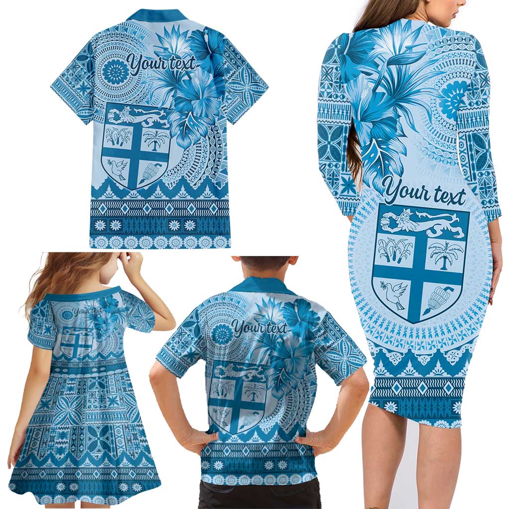 Vintage Bula Fiji Personalised Family Matching Long Sleeve Bodycon Dress and Hawaiian Shirt Blue Hibiscus Tapa Pattern LT9 - Polynesian Pride