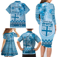 Vintage Bula Fiji Personalised Family Matching Long Sleeve Bodycon Dress and Hawaiian Shirt Blue Hibiscus Tapa Pattern LT9 - Polynesian Pride