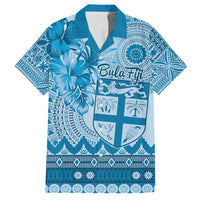 Vintage Bula Fiji Personalised Family Matching Long Sleeve Bodycon Dress and Hawaiian Shirt Blue Hibiscus Tapa Pattern LT9 Dad's Shirt - Short Sleeve Blue - Polynesian Pride