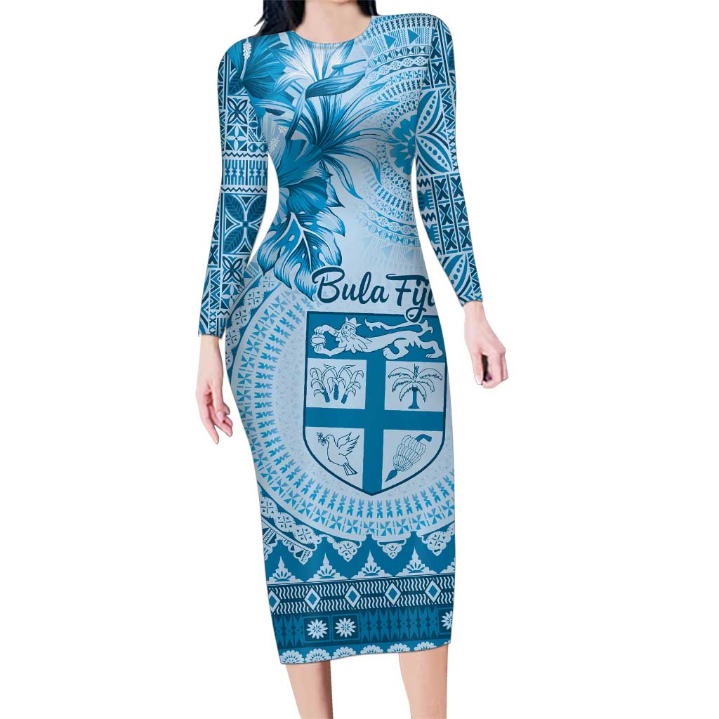 Vintage Bula Fiji Personalised Family Matching Long Sleeve Bodycon Dress and Hawaiian Shirt Blue Hibiscus Tapa Pattern LT9 Mom's Dress Blue - Polynesian Pride