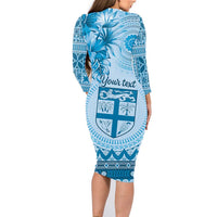 Vintage Bula Fiji Personalised Family Matching Long Sleeve Bodycon Dress and Hawaiian Shirt Blue Hibiscus Tapa Pattern LT9 - Polynesian Pride
