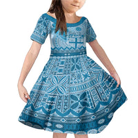 Vintage Bula Fiji Personalised Family Matching Mermaid Dress and Hawaiian Shirt Blue Hibiscus Tapa Pattern LT9 Daughter's Dress Blue - Polynesian Pride