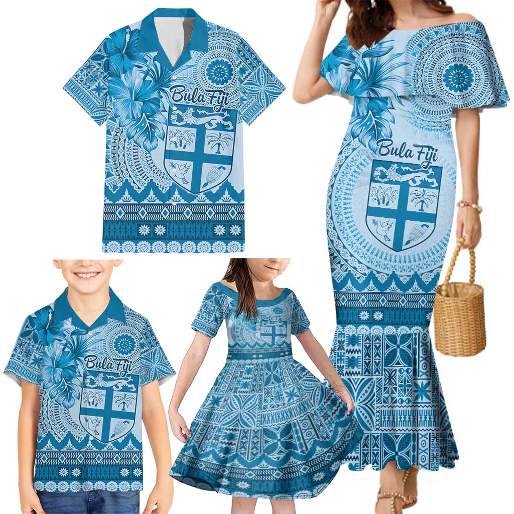 Vintage Bula Fiji Personalised Family Matching Mermaid Dress and Hawaiian Shirt Blue Hibiscus Tapa Pattern LT9 - Polynesian Pride