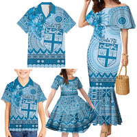 Vintage Bula Fiji Personalised Family Matching Mermaid Dress and Hawaiian Shirt Blue Hibiscus Tapa Pattern LT9 - Polynesian Pride