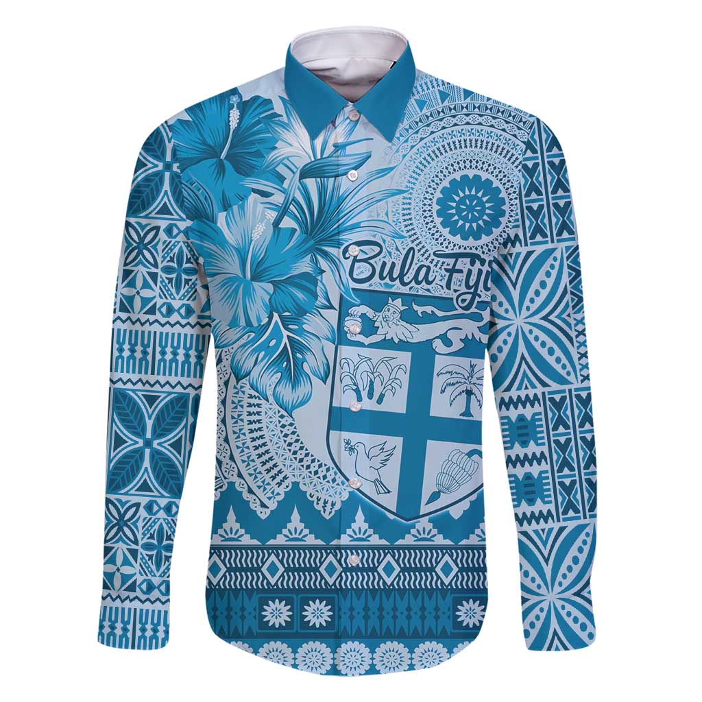 Vintage Bula Fiji Personalised Family Matching Mermaid Dress and Hawaiian Shirt Blue Hibiscus Tapa Pattern LT9 Dad's Shirt - Long Sleeve Blue - Polynesian Pride