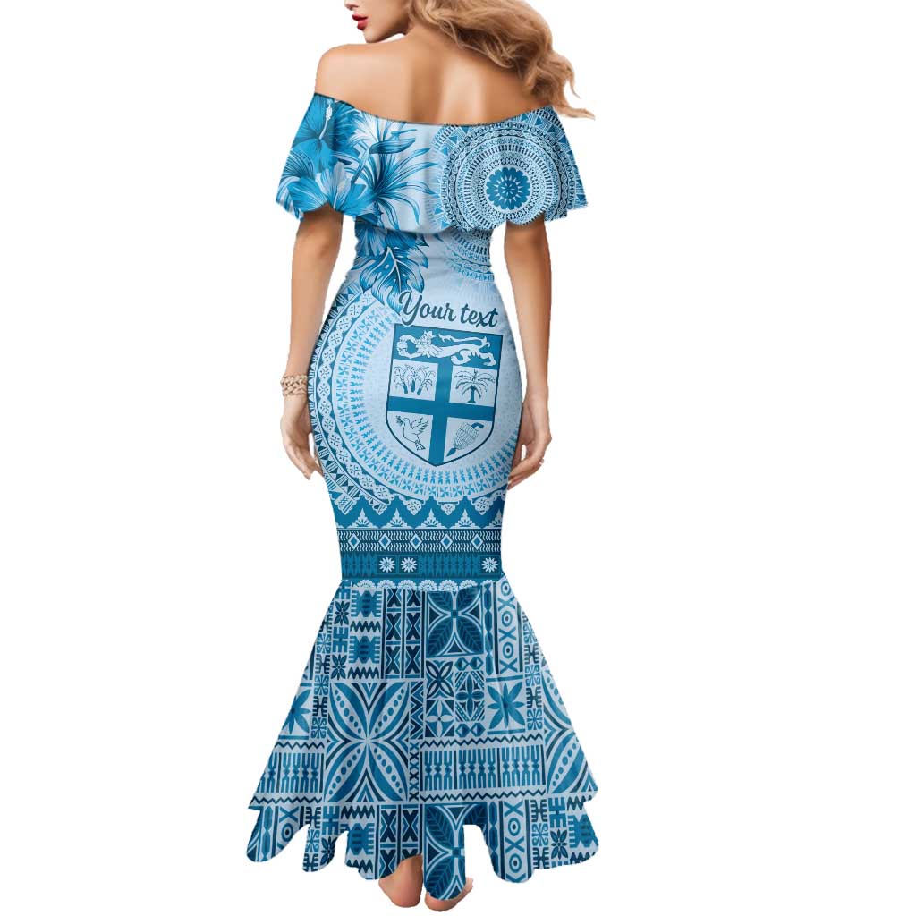 Vintage Bula Fiji Personalised Family Matching Mermaid Dress and Hawaiian Shirt Blue Hibiscus Tapa Pattern LT9 - Polynesian Pride