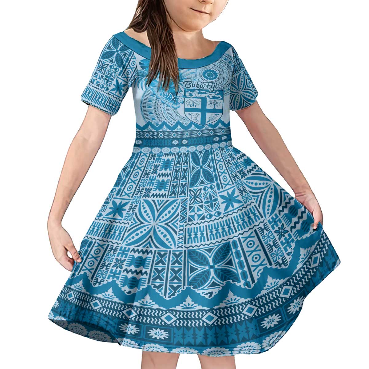 Vintage Bula Fiji Personalised Family Matching Off The Shoulder Long Sleeve Dress and Hawaiian Shirt Blue Hibiscus Tapa Pattern LT9 Daughter's Dress Blue - Polynesian Pride