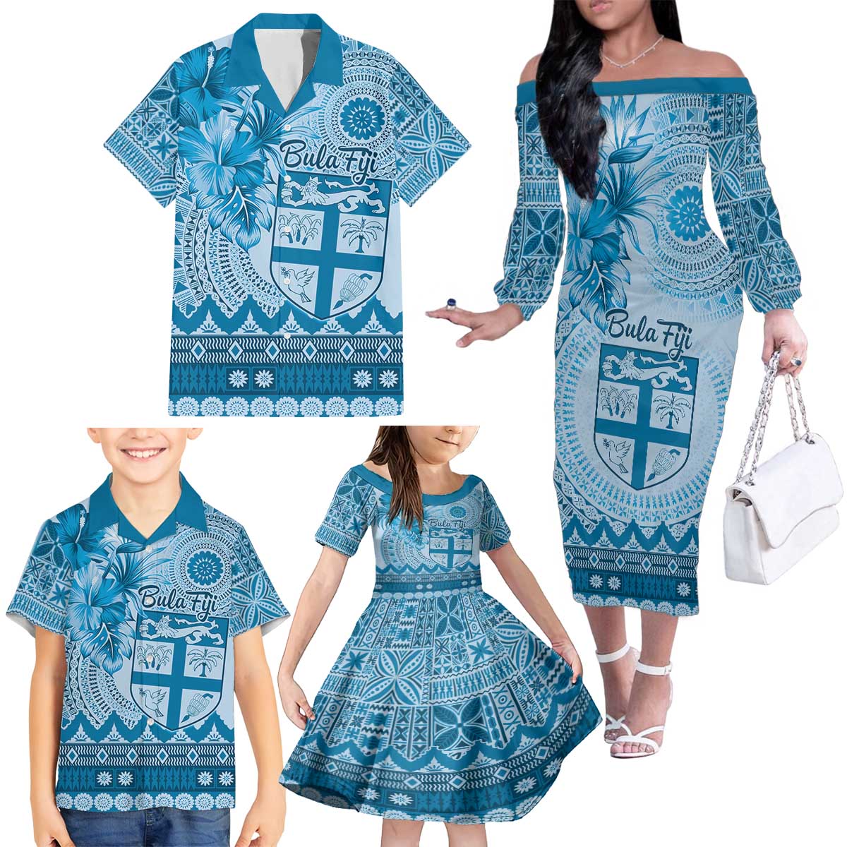 Vintage Bula Fiji Personalised Family Matching Off The Shoulder Long Sleeve Dress and Hawaiian Shirt Blue Hibiscus Tapa Pattern LT9 - Polynesian Pride