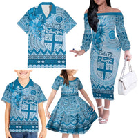 Vintage Bula Fiji Personalised Family Matching Off The Shoulder Long Sleeve Dress and Hawaiian Shirt Blue Hibiscus Tapa Pattern LT9 - Polynesian Pride