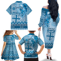 Vintage Bula Fiji Personalised Family Matching Off The Shoulder Long Sleeve Dress and Hawaiian Shirt Blue Hibiscus Tapa Pattern LT9 - Polynesian Pride