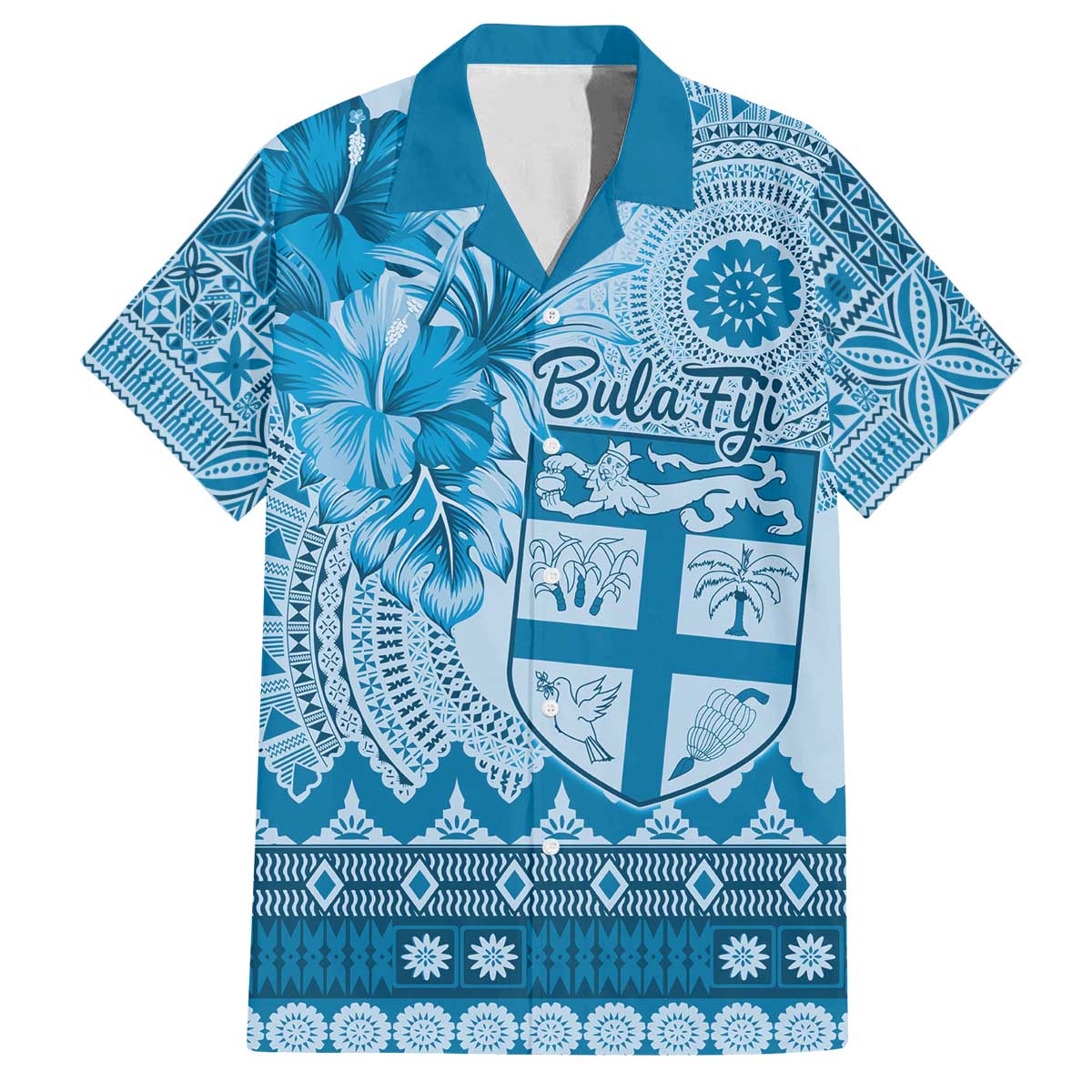 Vintage Bula Fiji Personalised Family Matching Off The Shoulder Long Sleeve Dress and Hawaiian Shirt Blue Hibiscus Tapa Pattern LT9 Dad's Shirt - Short Sleeve Blue - Polynesian Pride
