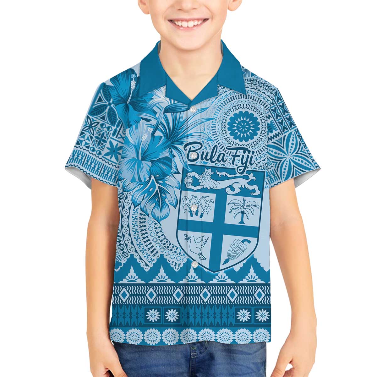 Vintage Bula Fiji Personalised Family Matching Off The Shoulder Long Sleeve Dress and Hawaiian Shirt Blue Hibiscus Tapa Pattern LT9 Son's Shirt Blue - Polynesian Pride