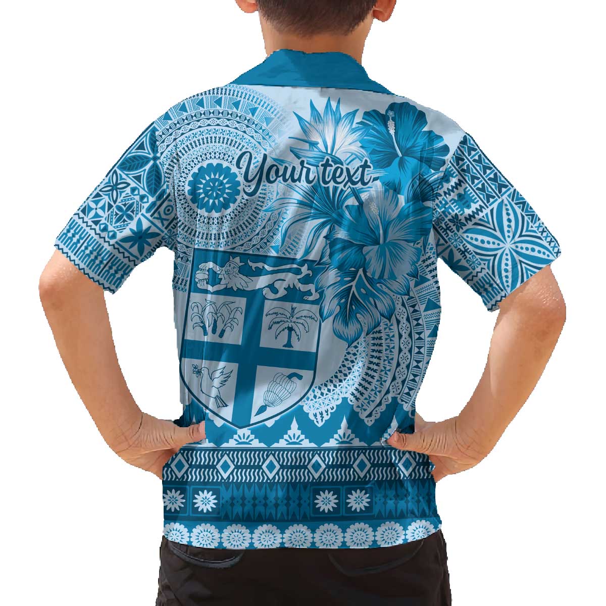 Vintage Bula Fiji Personalised Family Matching Off Shoulder Short Dress and Hawaiian Shirt Blue Hibiscus Tapa Pattern LT9 - Polynesian Pride
