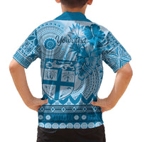 Vintage Bula Fiji Personalised Family Matching Off Shoulder Short Dress and Hawaiian Shirt Blue Hibiscus Tapa Pattern LT9 - Polynesian Pride