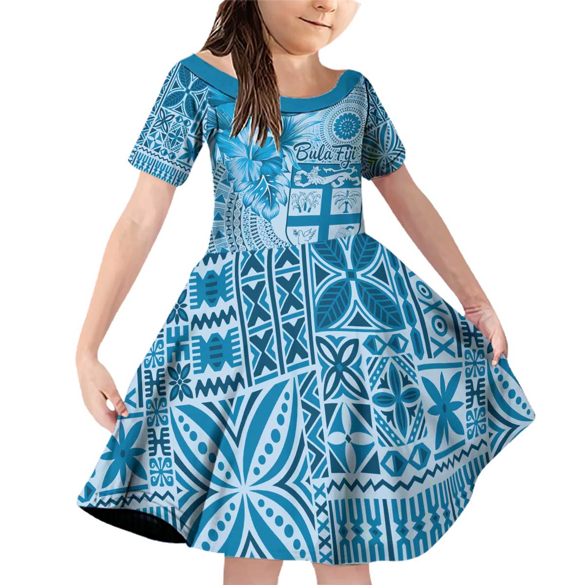 Vintage Bula Fiji Personalised Family Matching Off Shoulder Short Dress and Hawaiian Shirt Blue Hibiscus Tapa Pattern LT9 Daughter's Dress Blue - Polynesian Pride