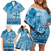Vintage Bula Fiji Personalised Family Matching Off Shoulder Short Dress and Hawaiian Shirt Blue Hibiscus Tapa Pattern LT9 - Polynesian Pride