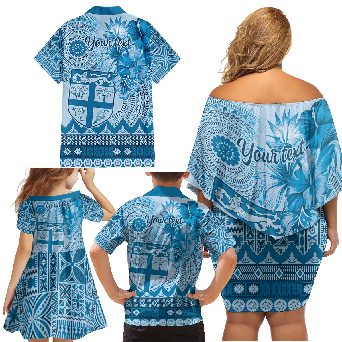 Vintage Bula Fiji Personalised Family Matching Off Shoulder Short Dress and Hawaiian Shirt Blue Hibiscus Tapa Pattern LT9 - Polynesian Pride
