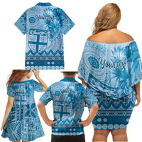 Vintage Bula Fiji Personalised Family Matching Off Shoulder Short Dress and Hawaiian Shirt Blue Hibiscus Tapa Pattern LT9 - Polynesian Pride