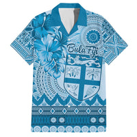 Vintage Bula Fiji Personalised Family Matching Off Shoulder Short Dress and Hawaiian Shirt Blue Hibiscus Tapa Pattern LT9 Dad's Shirt - Short Sleeve Blue - Polynesian Pride