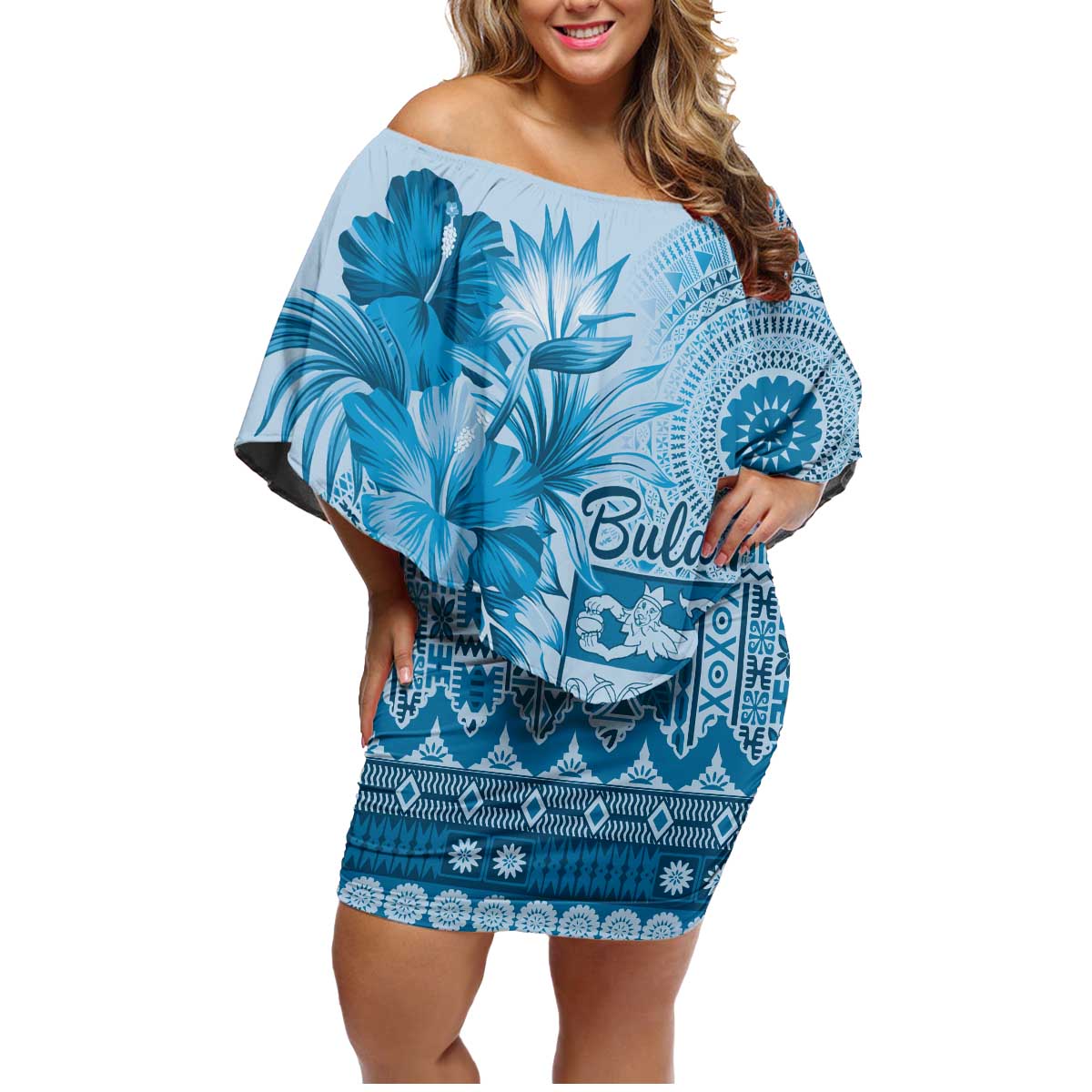 Vintage Bula Fiji Personalised Family Matching Off Shoulder Short Dress and Hawaiian Shirt Blue Hibiscus Tapa Pattern LT9 Mom's Dress Blue - Polynesian Pride