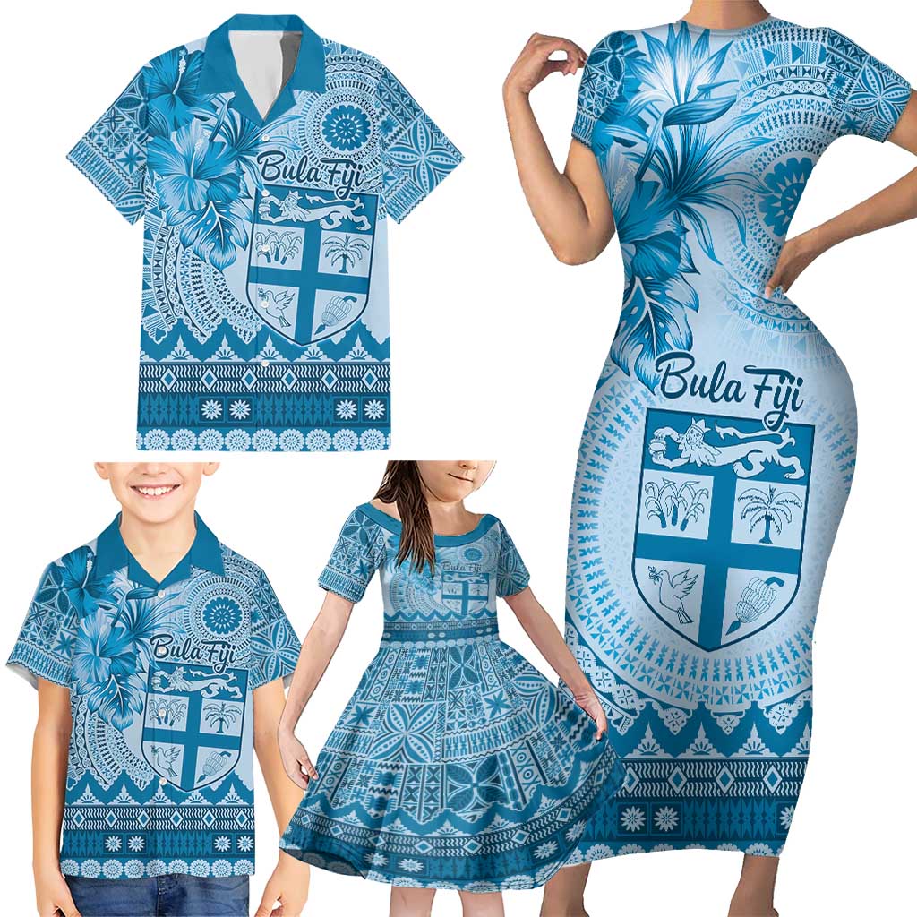 Vintage Bula Fiji Personalised Family Matching Short Sleeve Bodycon Dress and Hawaiian Shirt Blue Hibiscus Tapa Pattern LT9 - Polynesian Pride