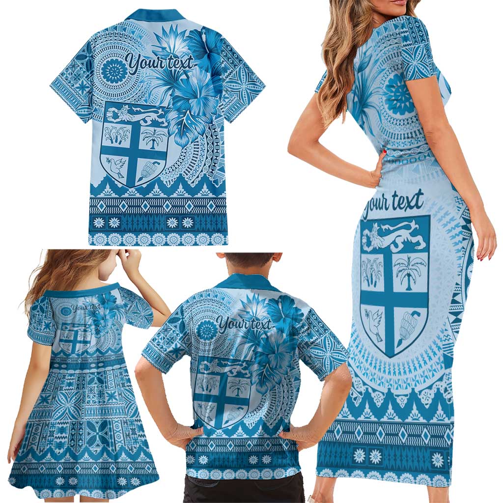Vintage Bula Fiji Personalised Family Matching Short Sleeve Bodycon Dress and Hawaiian Shirt Blue Hibiscus Tapa Pattern LT9 - Polynesian Pride