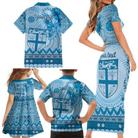 Vintage Bula Fiji Personalised Family Matching Short Sleeve Bodycon Dress and Hawaiian Shirt Blue Hibiscus Tapa Pattern LT9 - Polynesian Pride