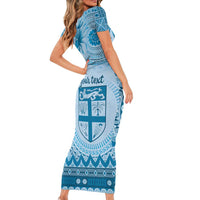 Vintage Bula Fiji Personalised Family Matching Short Sleeve Bodycon Dress and Hawaiian Shirt Blue Hibiscus Tapa Pattern LT9 - Polynesian Pride