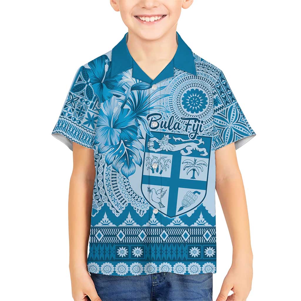 Vintage Bula Fiji Personalised Family Matching Short Sleeve Bodycon Dress and Hawaiian Shirt Blue Hibiscus Tapa Pattern LT9 Son's Shirt Blue - Polynesian Pride