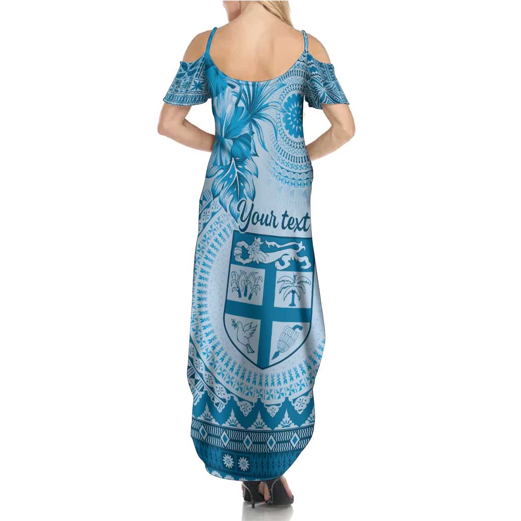 Vintage Bula Fiji Personalised Family Matching Summer Maxi Dress and Hawaiian Shirt Blue Hibiscus Tapa Pattern