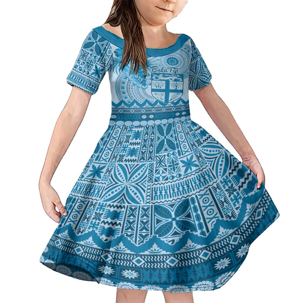 Vintage Bula Fiji Personalised Family Matching Tank Maxi Dress and Hawaiian Shirt Blue Hibiscus Tapa Pattern LT9 Daughter's Dress Blue - Polynesian Pride