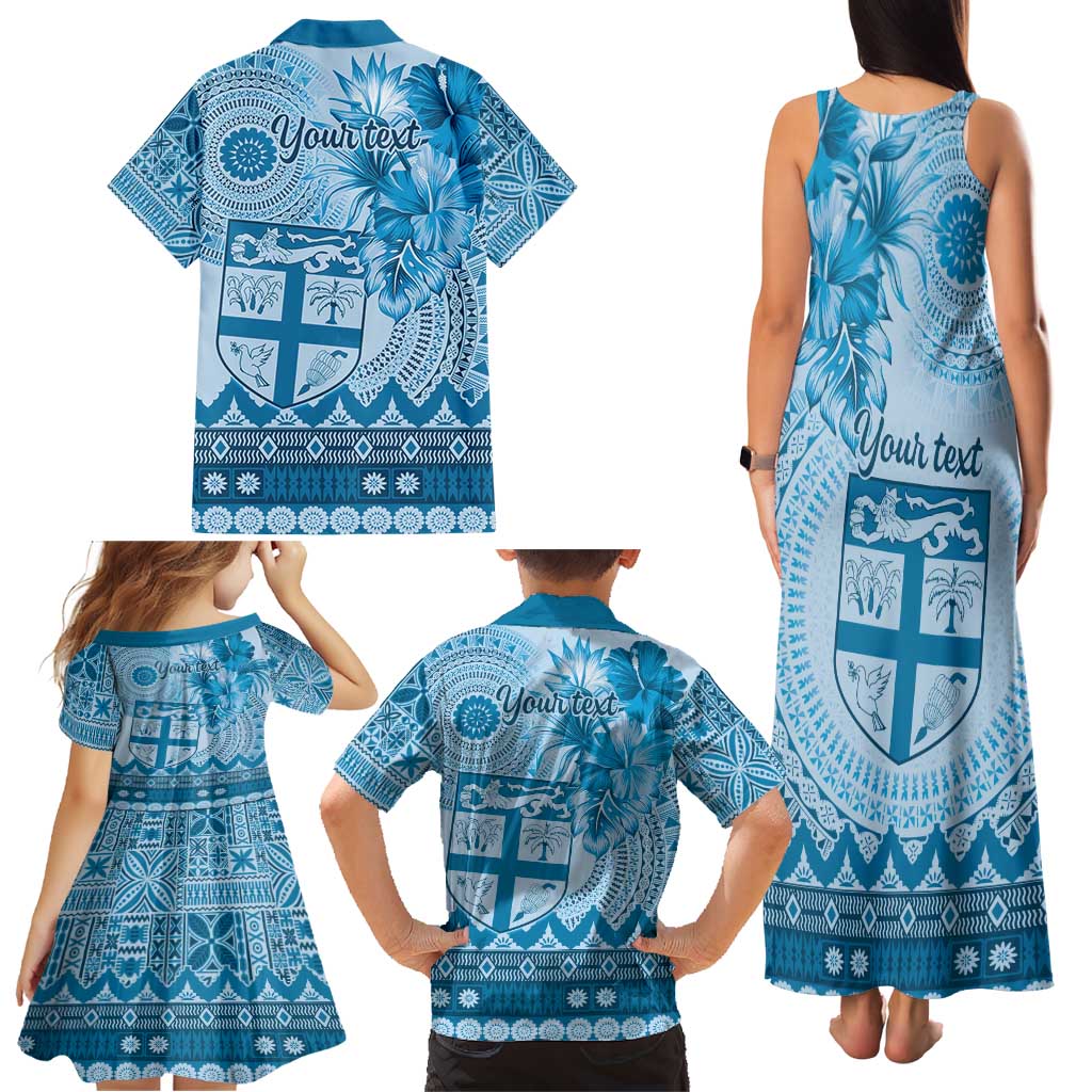 Vintage Bula Fiji Personalised Family Matching Tank Maxi Dress and Hawaiian Shirt Blue Hibiscus Tapa Pattern LT9 - Polynesian Pride